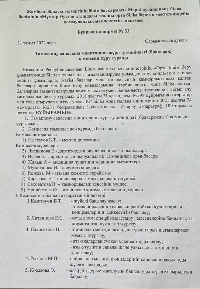 Тамақтану сапасына мониторинг жүргізу жөніндегі /бракераж /комиссия