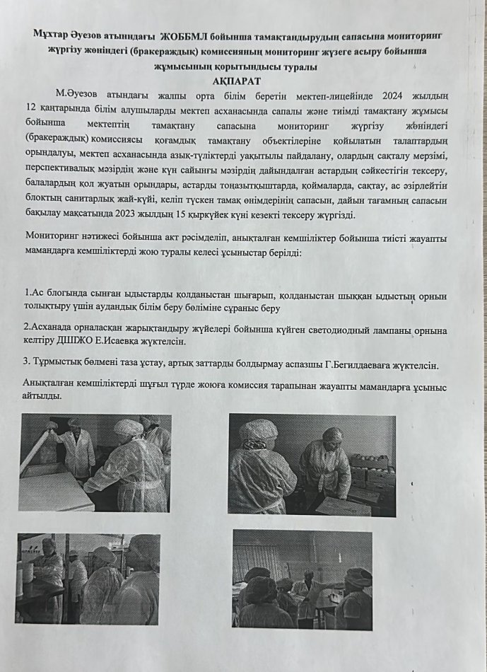 Тамақтандырудың сапасына мониторинг жүргізу жөніндегі (бракераждық) комиссияның мониторинг жүзеге асыру бойынша жұмысының қорытындысы туралы ақпарат