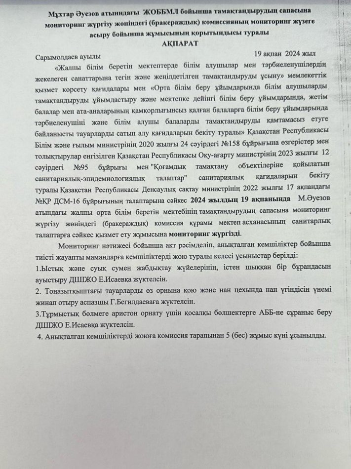 Тамақтандырудың сапасына мониторинг жүргізу жөніндегі (бракераждық) комиссияның мониторинг жүзеге асыру бойынша жұмысының қорытындысы туралы ақпарат