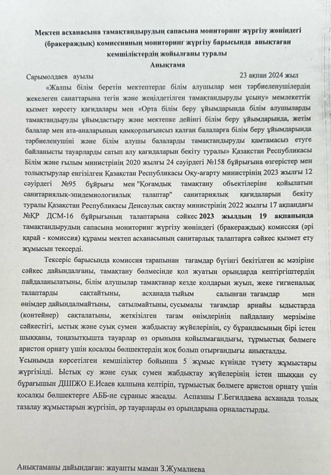 Мектеп асханасына тамақтандырудың сапасына мониторинг жүргізу жөніндегі (бракераждық) комиссияның мониторинг жүргізу барысында анықтаған кемшіліктердің жойылғаны туралы анықтама